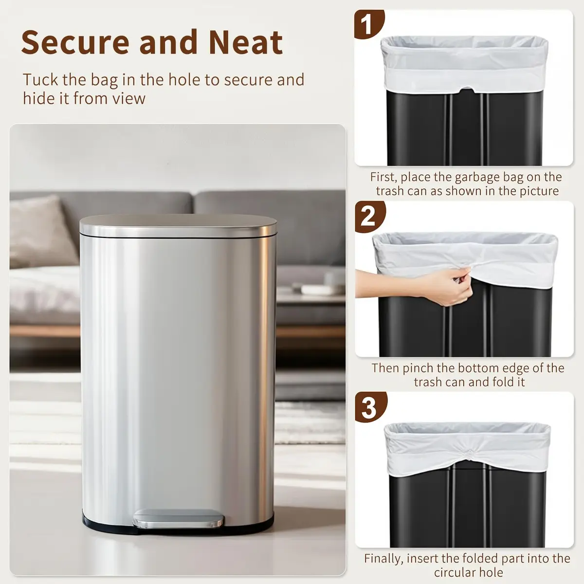 PayLessHere 13G Trash Can with Lid | Stainless Steel | Removable Inner Bucket for Kitchen & Office - view 6