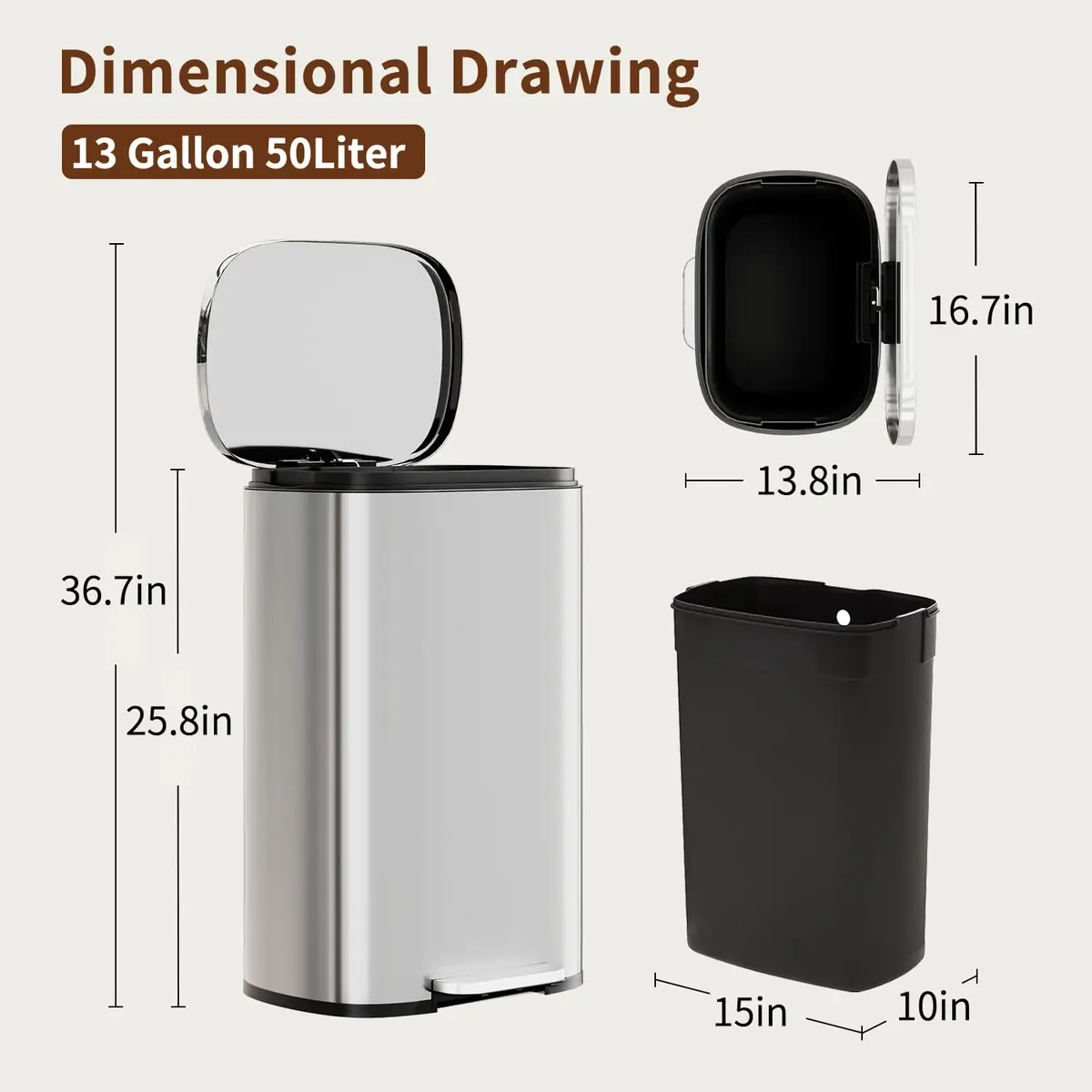 PayLessHere 13G Trash Can with Lid | Stainless Steel | Removable Inner Bucket for Kitchen & Office - view 7