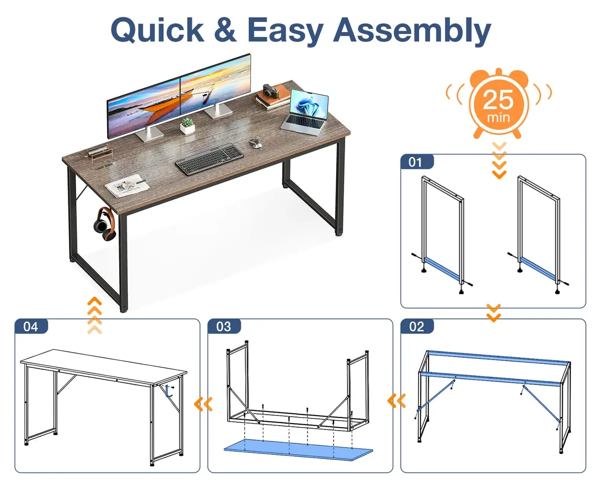 Casaottima 54 Inch Computer Desk for Home Office, Study Writing Table with Headphone Hooks, Grey Oak | Modern Small Space Design - view 5