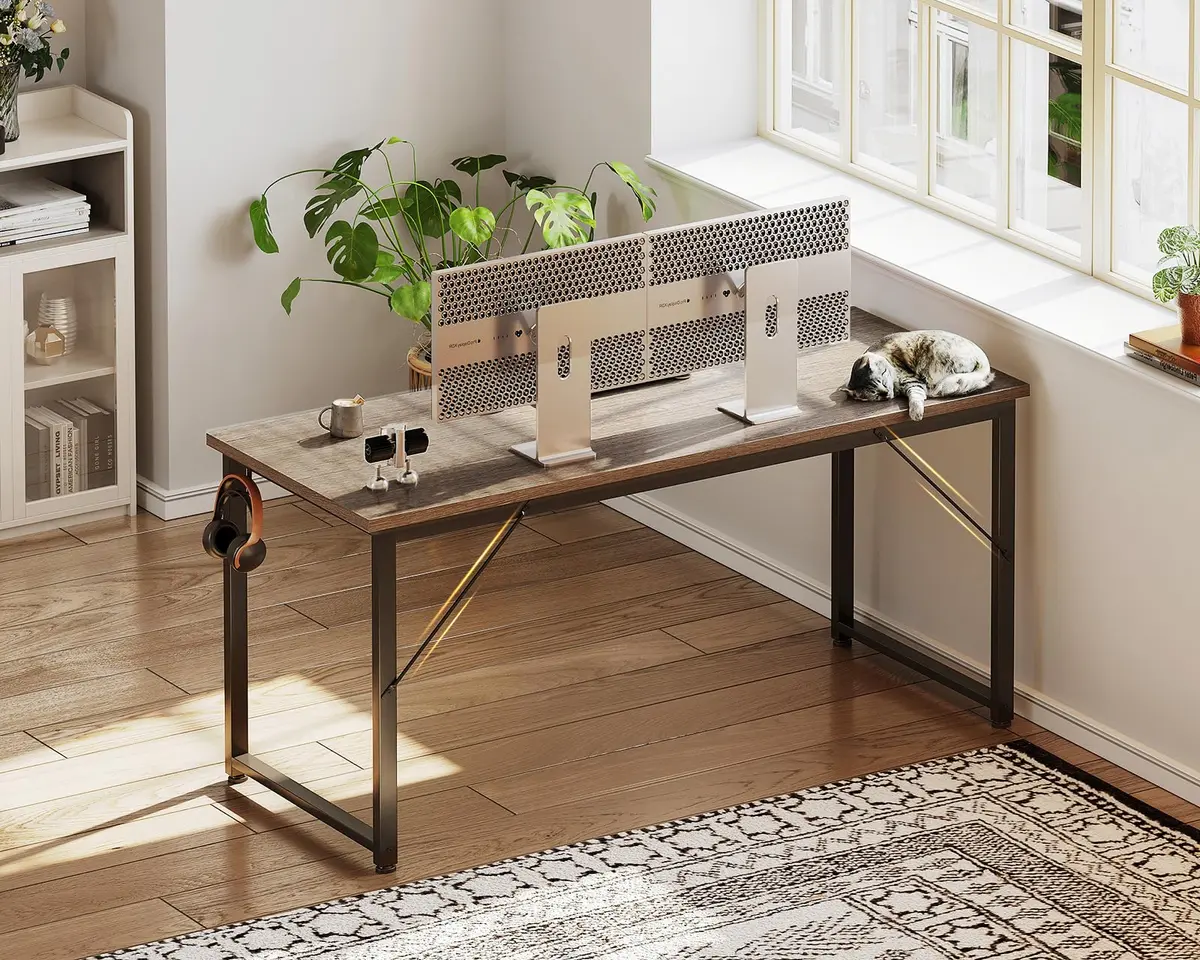 Casaottima 54 Inch Computer Desk for Home Office, Study Writing Table with Headphone Hooks, Grey Oak | Modern Small Space Design - view 6