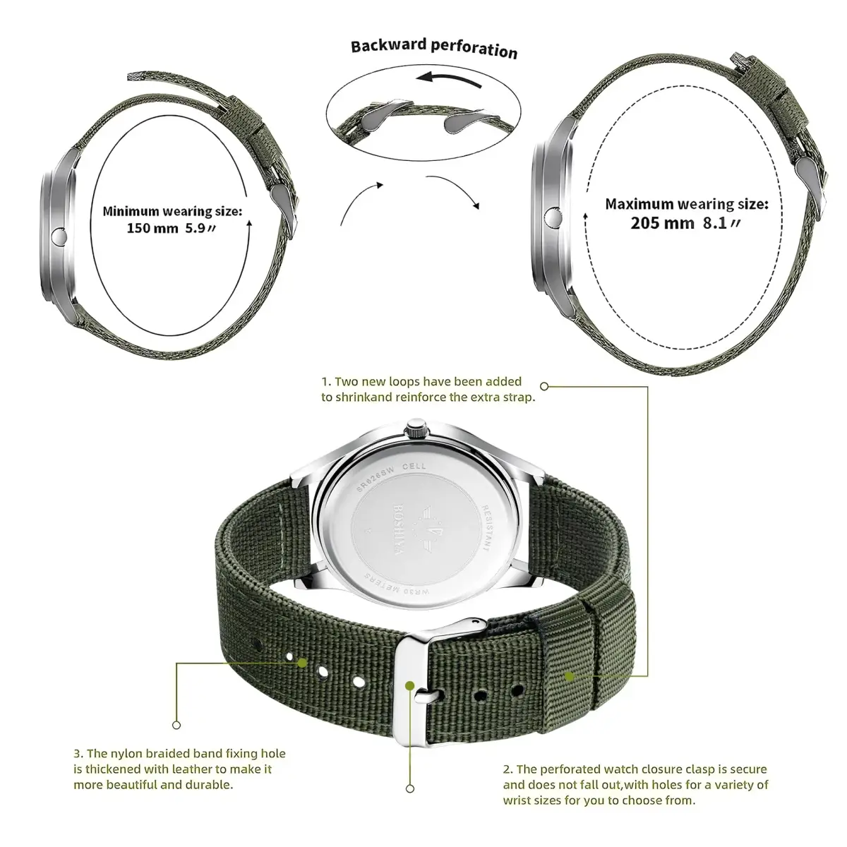 BOSHIYA Military Quartz Watch 40mm Case | Easy-Read Luminous Dial, Green Nylon Band - view 4
