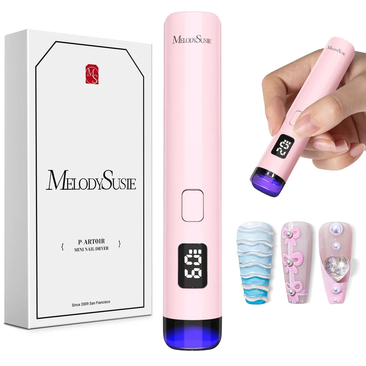 MelodySusie Handheld Flash Cure Nail Lamp P-ART01R | Cordless, Spot Cure, 20s/60s Timer, 450mAh Battery - main product image