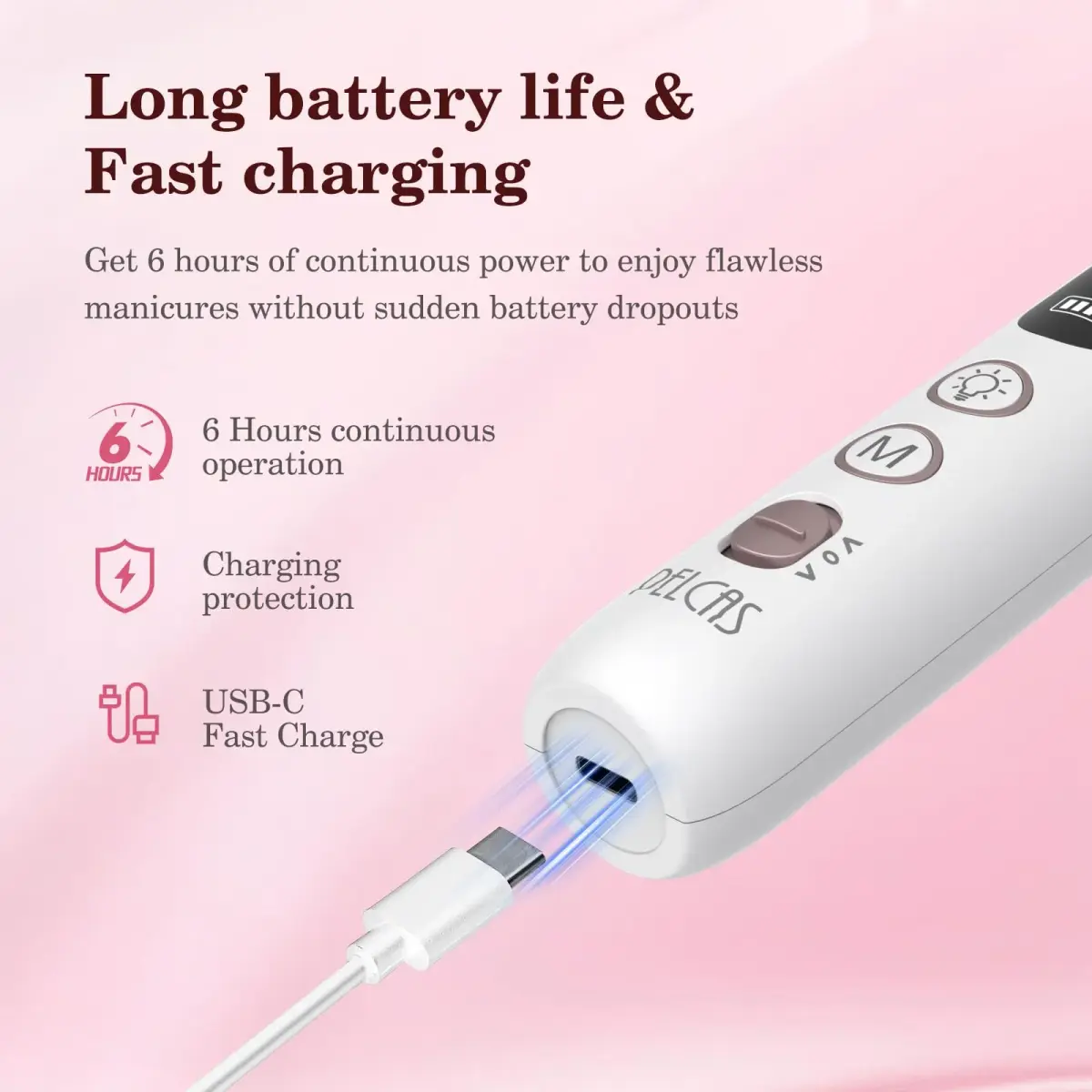PELCAS Cordless Electric Nail File 6.5" (16.5cm) with LED Light | 10 Speeds, 5-Hour Battery - view 5