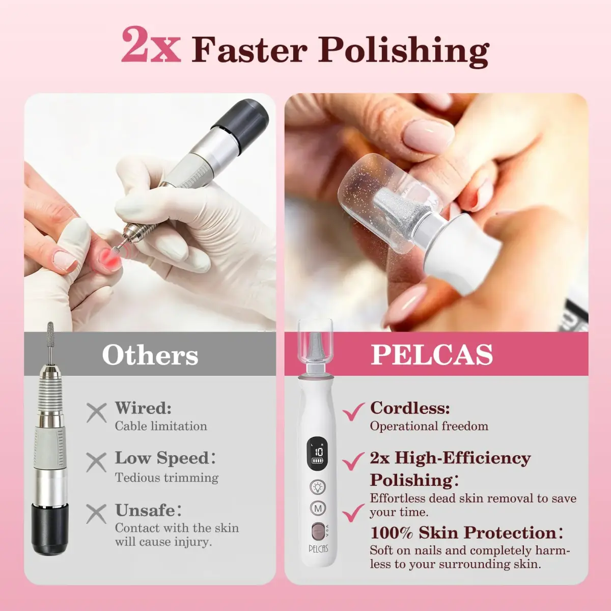 PELCAS Cordless Electric Nail File 6.5" (16.5cm) with LED Light | 10 Speeds, 5-Hour Battery - view 3