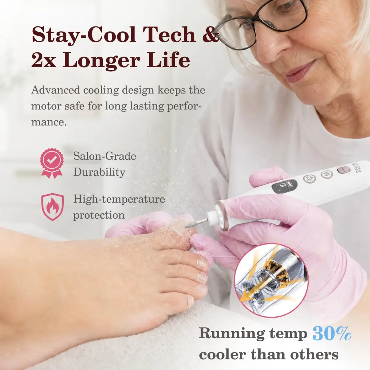 PELCAS Cordless Electric Nail File 6.5" (16.5cm) with LED Light | 10 Speeds, 5-Hour Battery - view 4