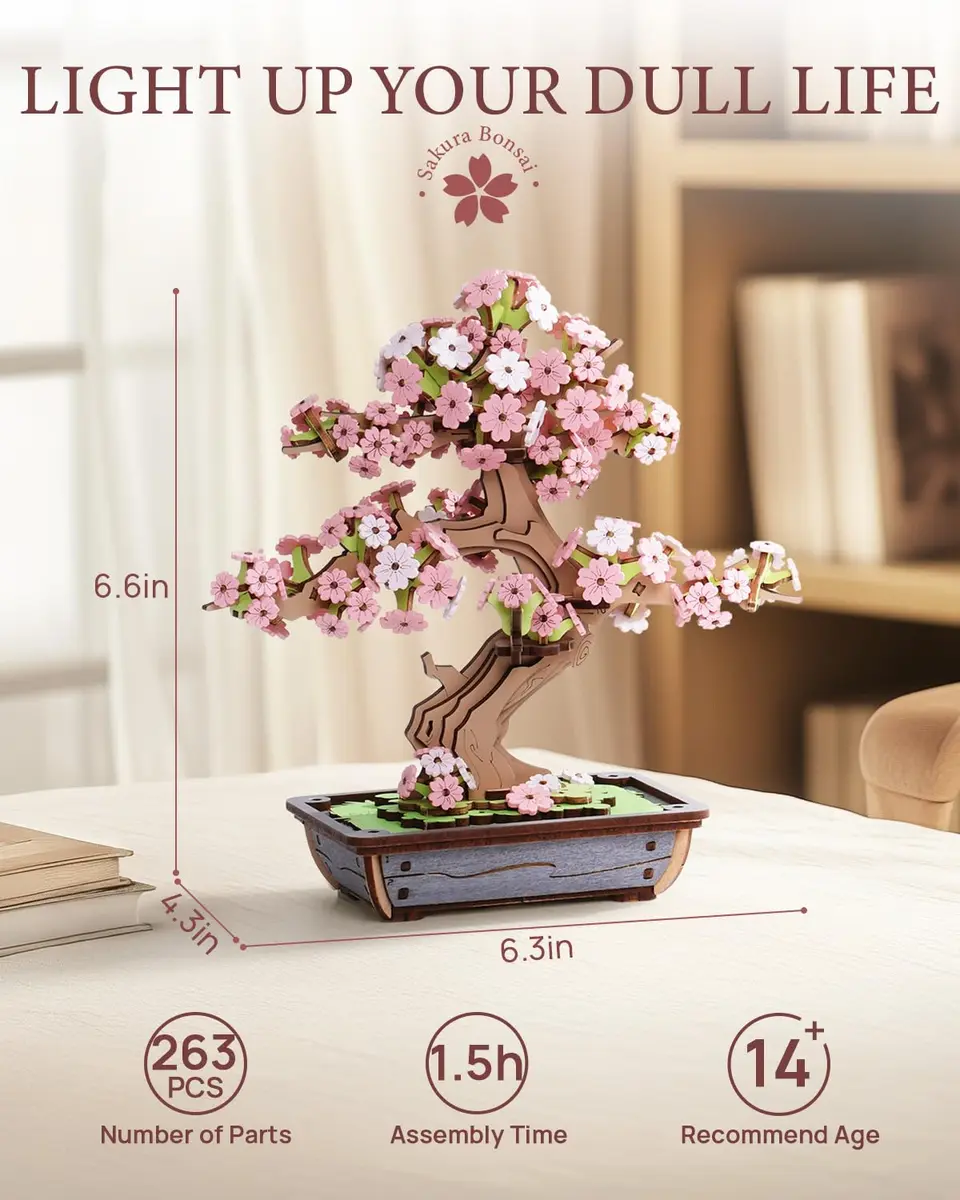 Rolife 3D Wooden Puzzle Flower for Adults | DIY Sakura Bonsai Tree | 263 Pieces - view 3