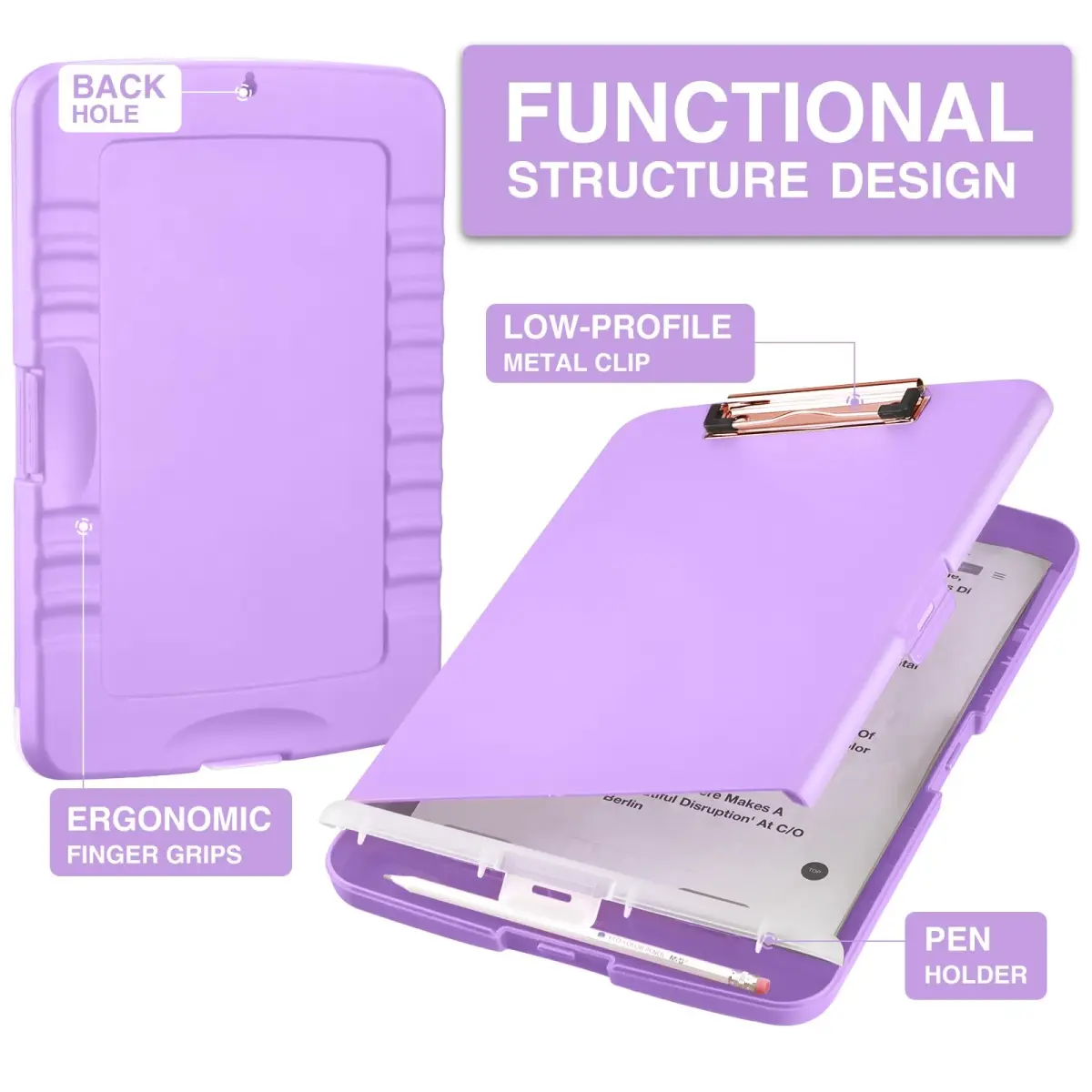Sooez Clipboard with Storage, Light Purple With Rose Gold Clip, 8.5x11 Inch | Professional Organizer for Field Work - view 2
