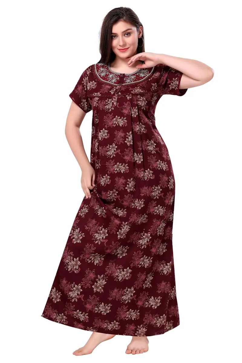 Soulemo Women's Alpine Nighty - M (Bust 42) Maroon Floral Print | Full Length Short Sleeve Button Down - main product image