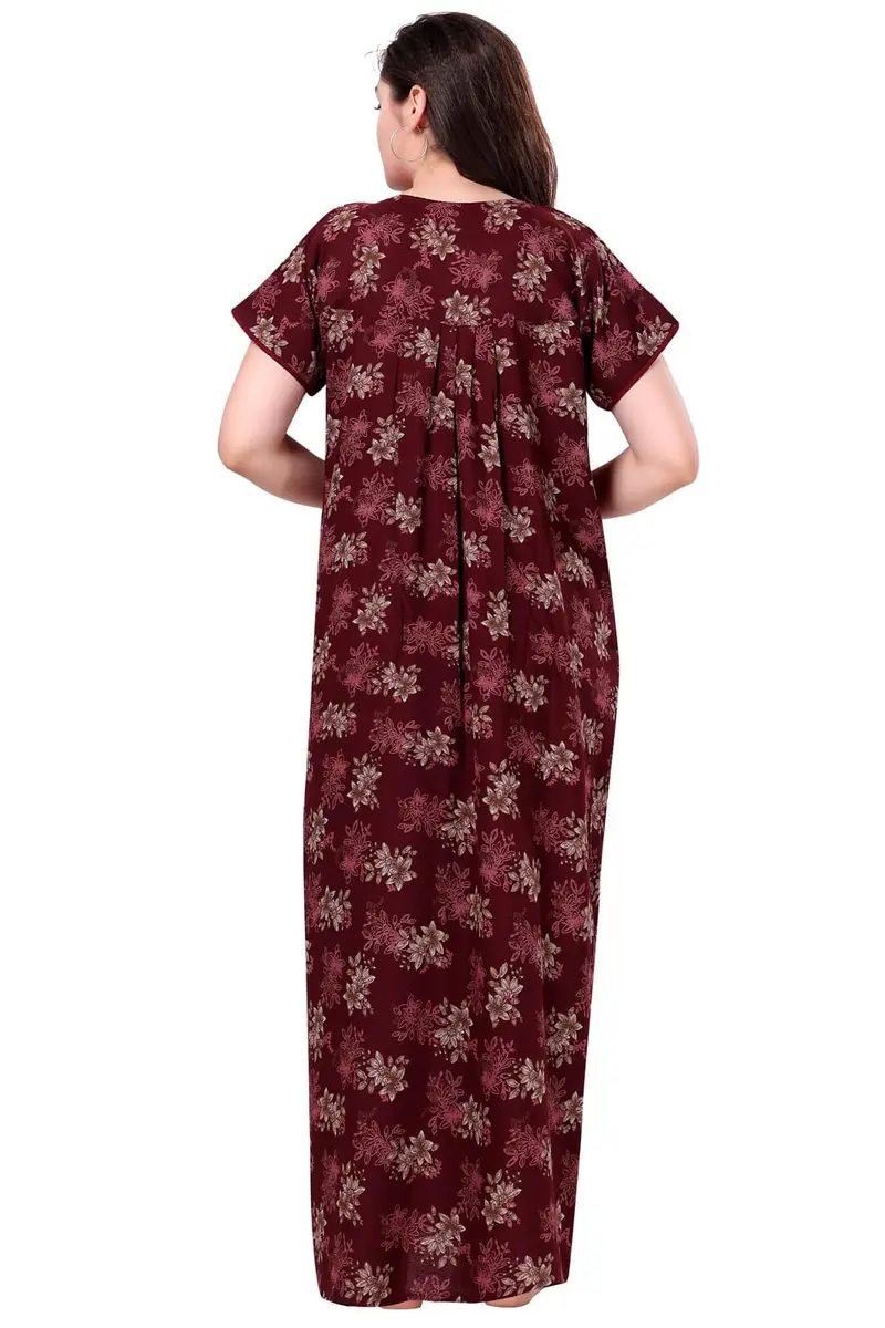 Soulemo Women's Alpine Nighty - M (Bust 42) Maroon Floral Print | Full Length Short Sleeve Button Down - view 5