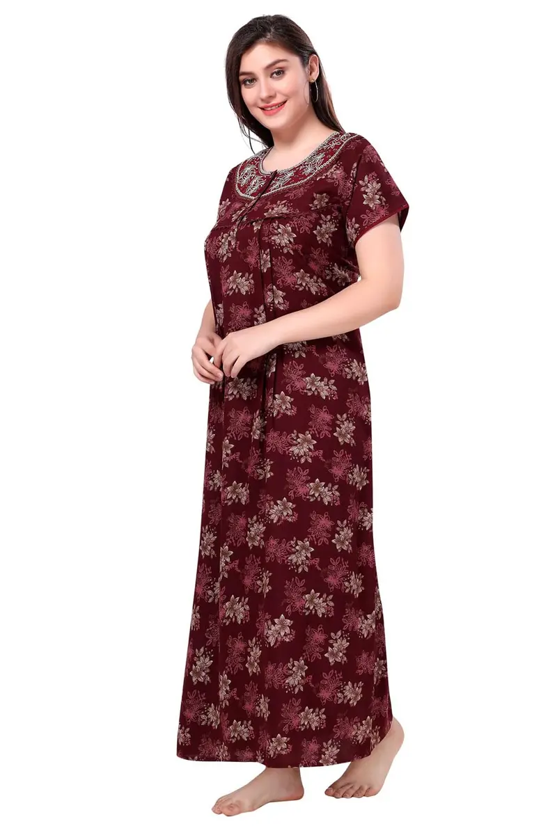 Soulemo Women's Alpine Nighty - M (Bust 42) Maroon Floral Print | Full Length Short Sleeve Button Down - view 6