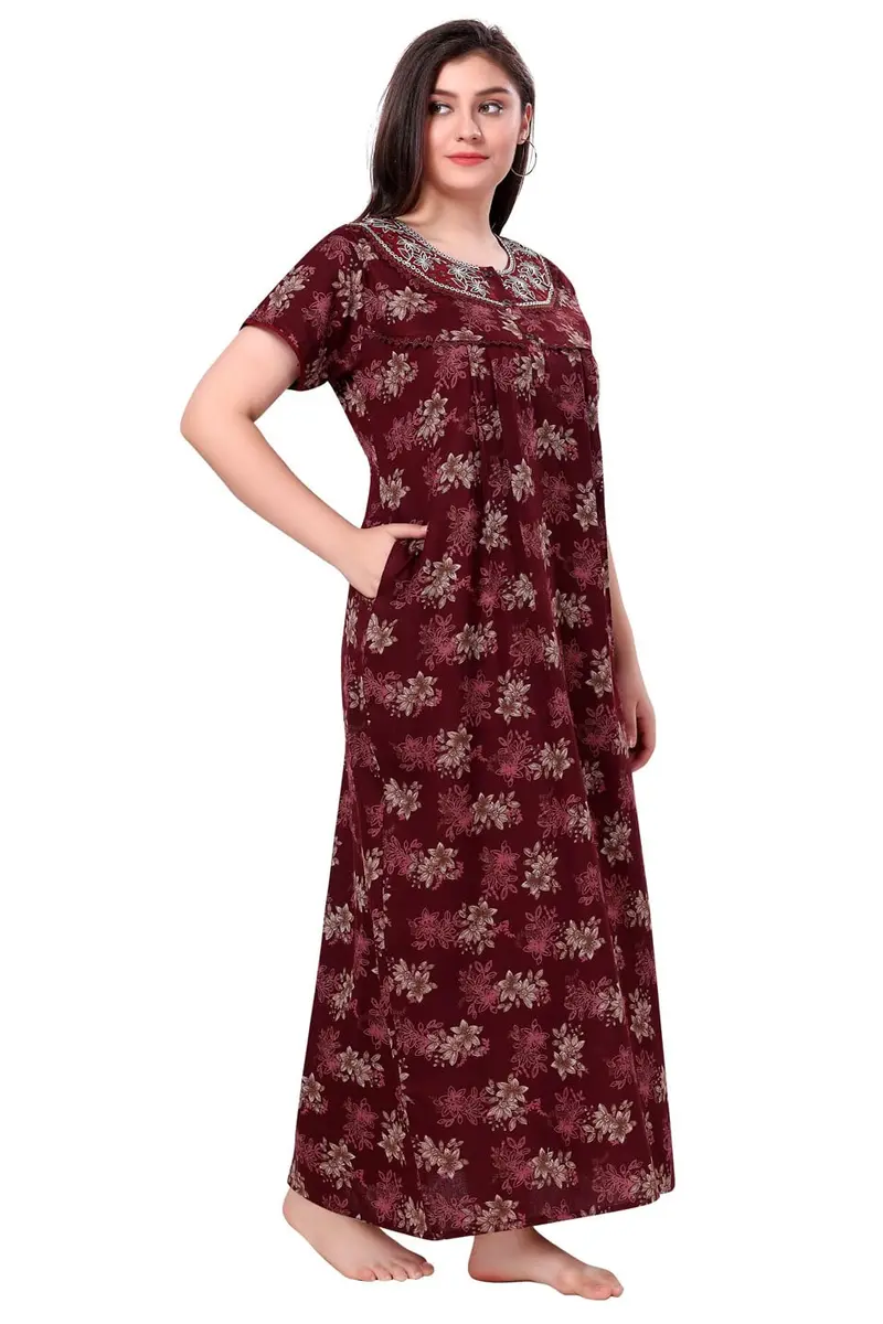 Soulemo Women's Alpine Nighty - M (Bust 42) Maroon Floral Print | Full Length Short Sleeve Button Down - view 7