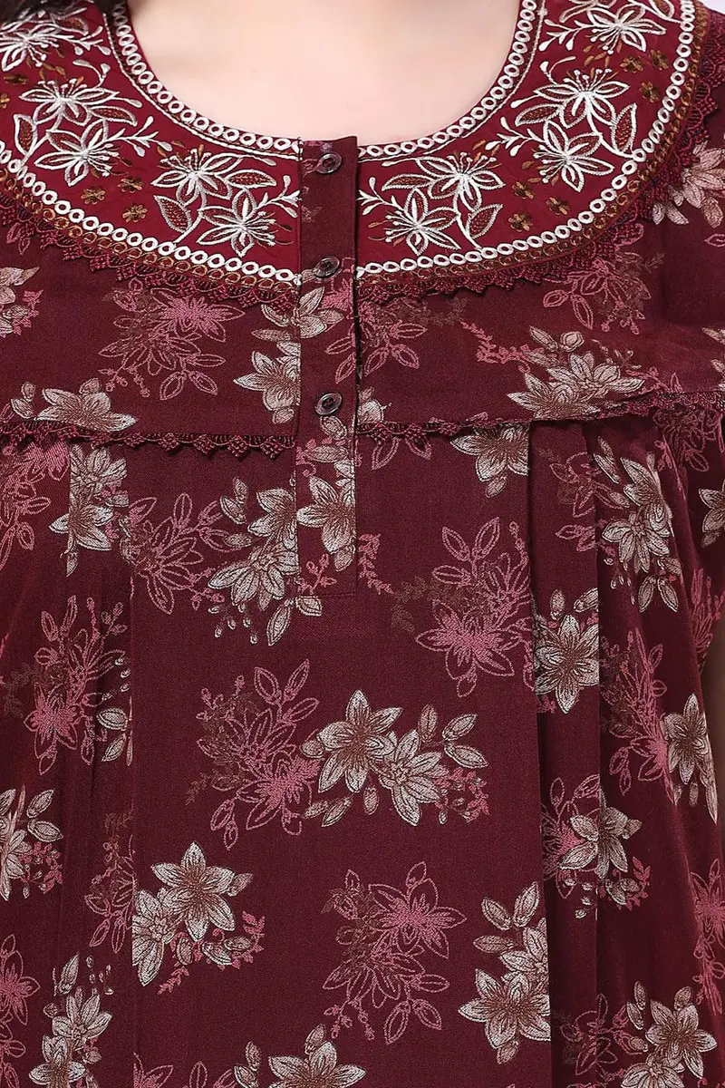 Soulemo Women's Alpine Nighty - M (Bust 42) Maroon Floral Print | Full Length Short Sleeve Button Down - view 8
