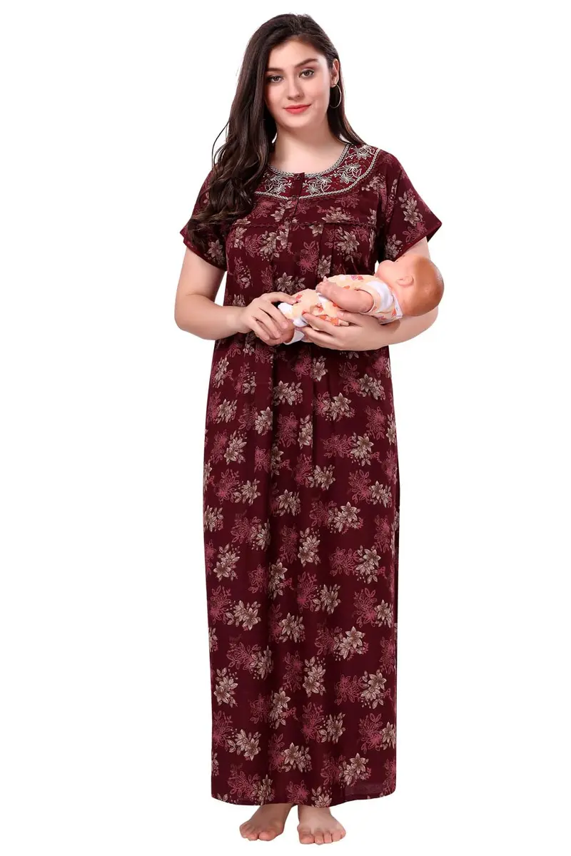 Soulemo Women's Alpine Nighty - M (Bust 42) Maroon Floral Print | Full Length Short Sleeve Button Down - view 9