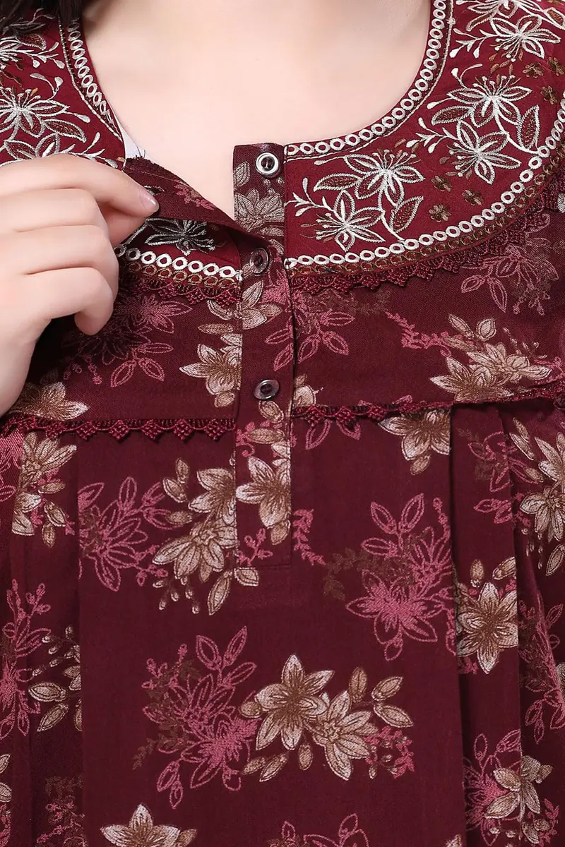 Soulemo Women's Alpine Nighty - M (Bust 42) Maroon Floral Print | Full Length Short Sleeve Button Down - view 4