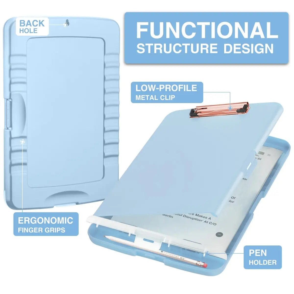 Sooez Storage Clipboard Baby Blue With Rose Gold Clip 36.8 cm (14.5 in) | High Capacity Paper Organizer - view 2