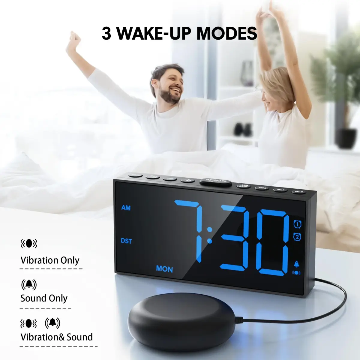 Mesqool Loud Alarm Clock with Bed Shaker & Dual Alarms, USB Port | 18.2 cm (7.5 inch) Display, Battery Backup - view 2