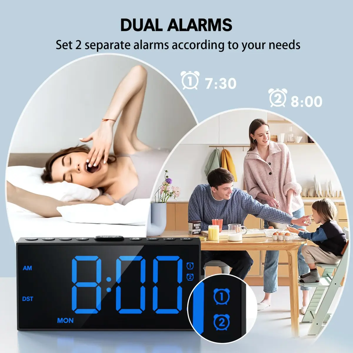 Mesqool Loud Alarm Clock with Bed Shaker & Dual Alarms, USB Port | 18.2 cm (7.5 inch) Display, Battery Backup - view 3