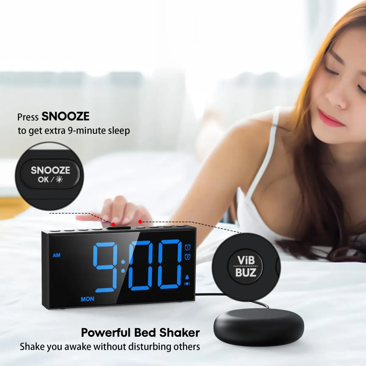 Mesqool Loud Alarm Clock with Bed Shaker & Dual Alarms, USB Port | 18.2 cm (7.5 inch) Display, Battery Backup - view 4