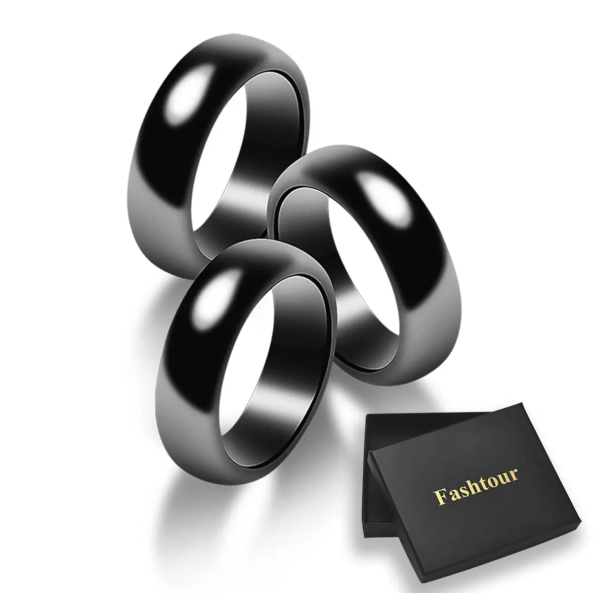 Fashtour Magnetic Hematite Rings, 3 Pack Black Rings for Men & Women 6mm Wide | Root Chakra Healing & Stress Relief - main product image