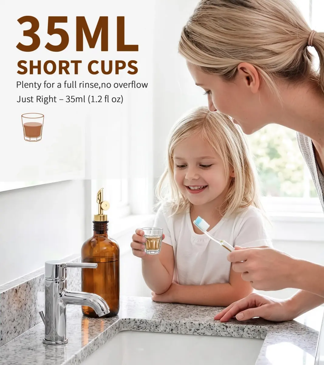 TOLDATLI Glass Mouthwash Dispenser 502ml (17 fl oz) with Auto-Flip Cap | Elegant Amber Bathroom Bottle - view 6