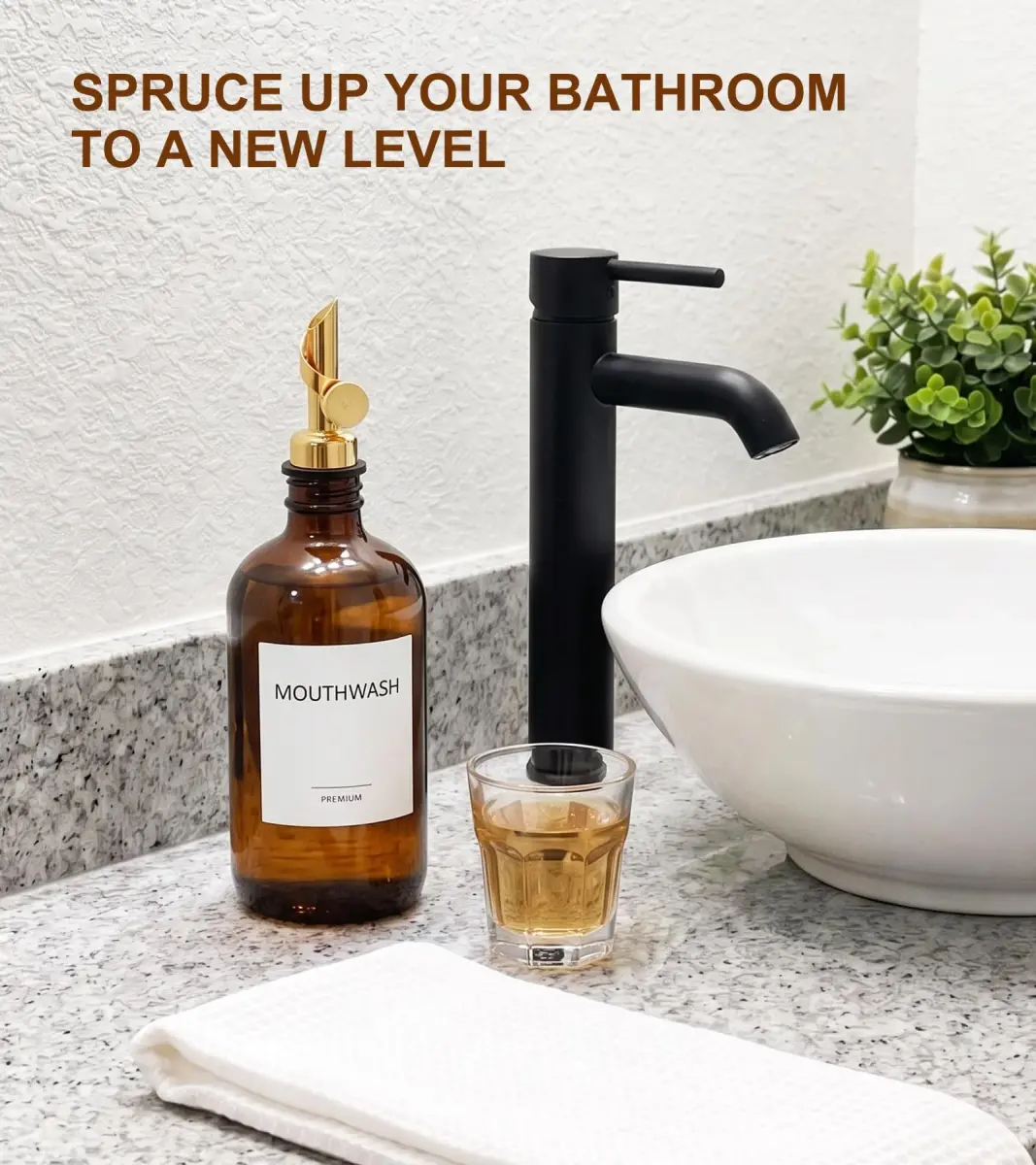 TOLDATLI Glass Mouthwash Dispenser 502ml (17 fl oz) with Auto-Flip Cap | Elegant Amber Bathroom Bottle - view 7