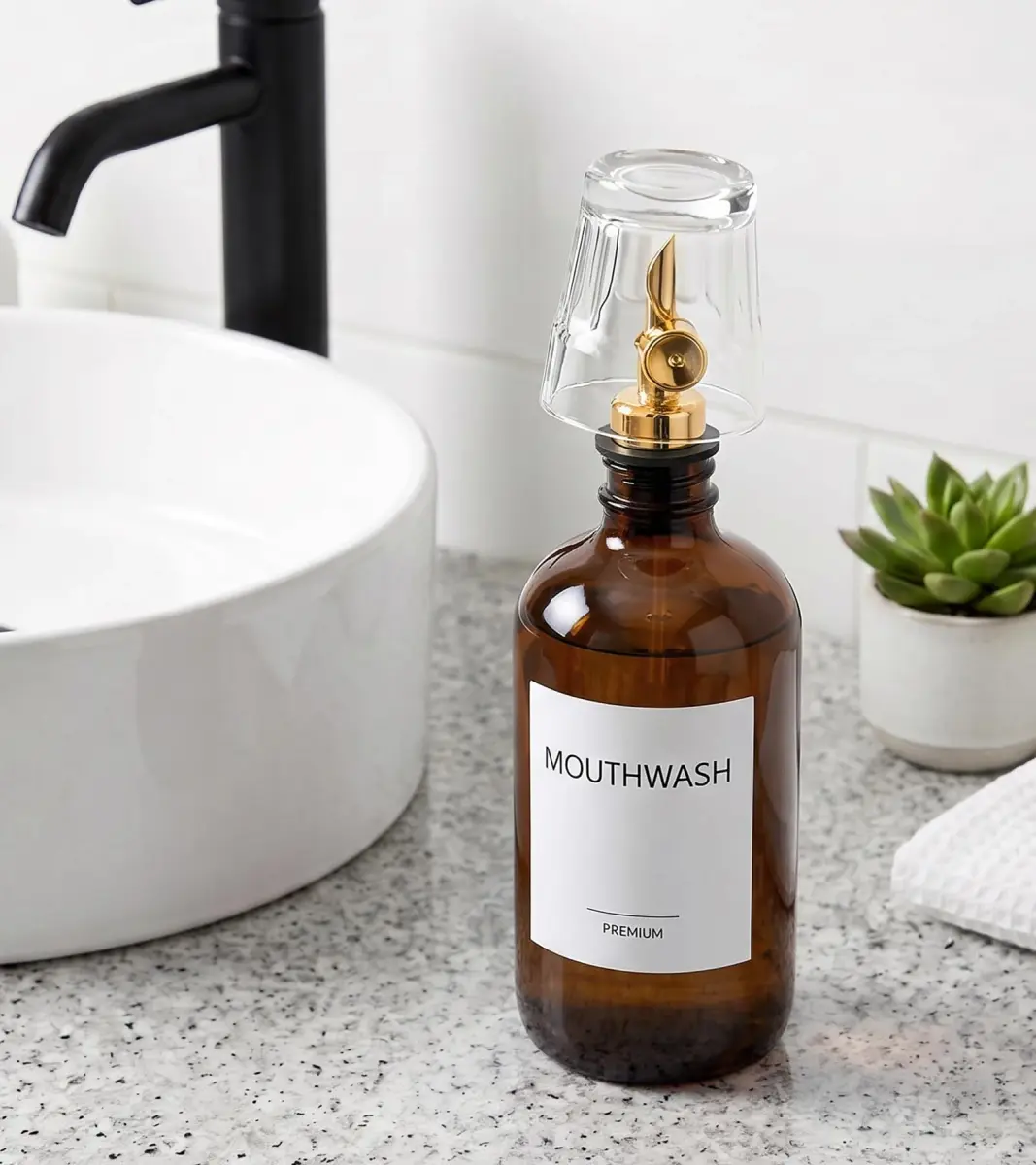 TOLDATLI Glass Mouthwash Dispenser 502ml (17 fl oz) with Auto-Flip Cap | Elegant Amber Bathroom Bottle - view 8