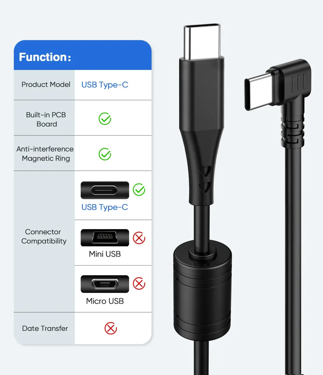 Gonifeto USB C to USB C Dash Cam Power Cord, 3Ft | Thick Copper Shielding & 90° Angle - view 2