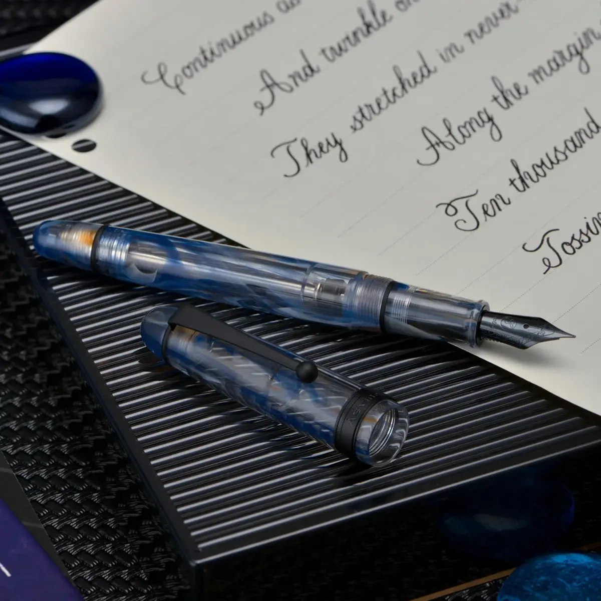 Asvine V126 Vacuum Filling Fountain Pen Extra Fine Nib, Blue Swirl Acrylic, 148mm (5.8in) | Smooth Ink Flow for Daily Writing - view 5
