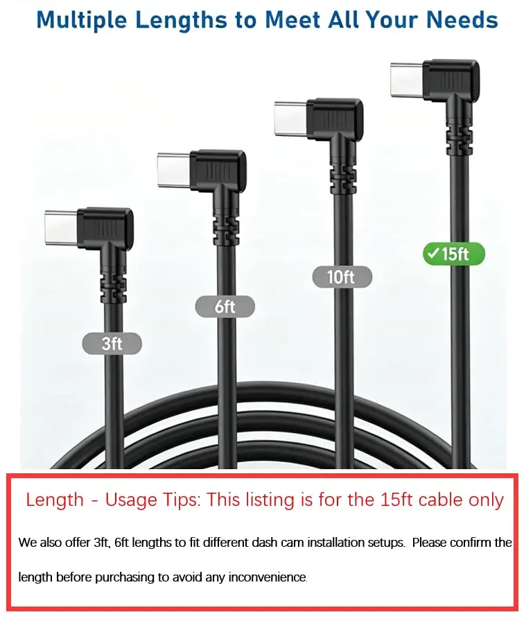 Gonifeto USB C to USB C Dash Cam Power Cord 15Ft | Thick Copper Shielding & 90° Angle - view 8