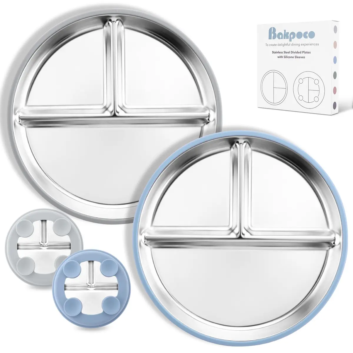 Bakpoco Stainless Steel Toddler Plate with Suction, 9” Divided | BPA-Free & Unbreakable, Non Slip, 2-Pack, Blue & Gray - main product image