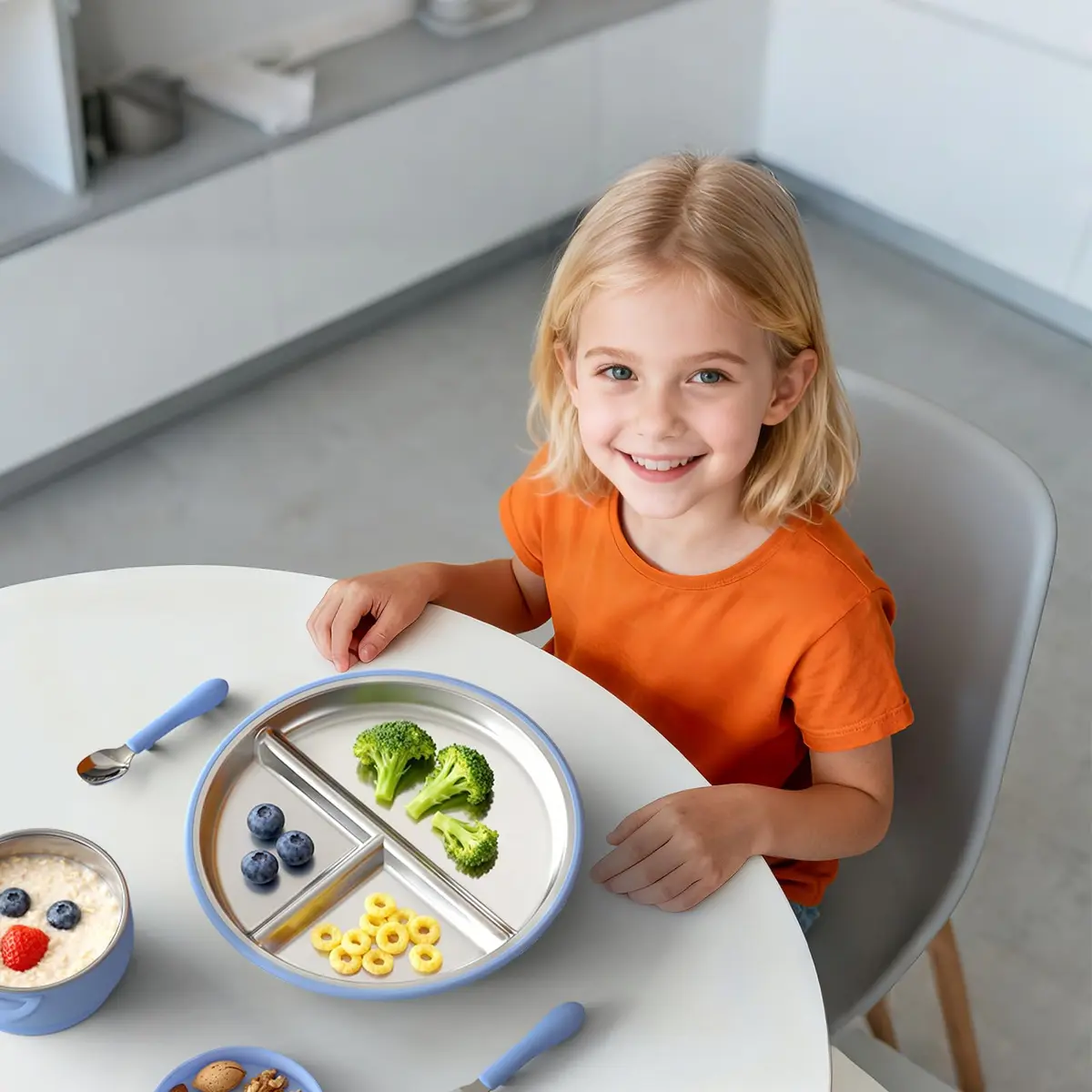 Bakpoco Stainless Steel Toddler Plate with Suction, 9” Divided | BPA-Free & Unbreakable, Non Slip, 2-Pack, Blue & Gray - view 6