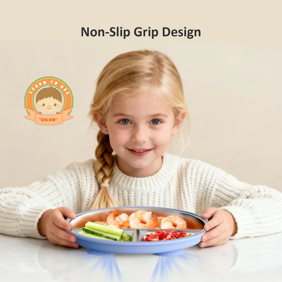 Bakpoco Stainless Steel Toddler Plate with Suction, 9” Divided | BPA-Free & Unbreakable, Non Slip, 2-Pack, Blue & Gray - view 4