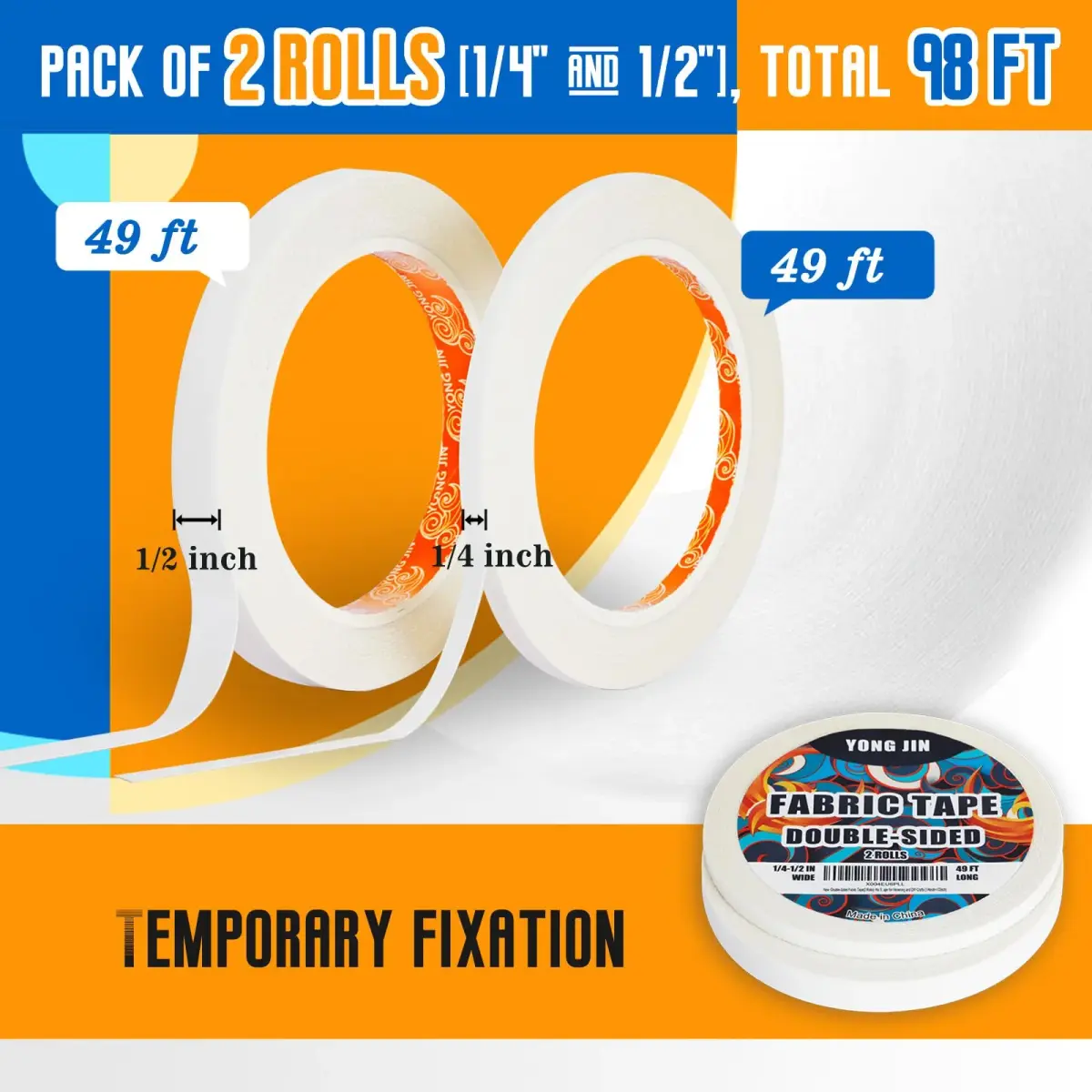 YONGJIN Double-Sided Fabric Tape (2 Rolls) — 1/4 inch & 1/2 inch Widths | No-Sew Hemming & Crafting - view 2