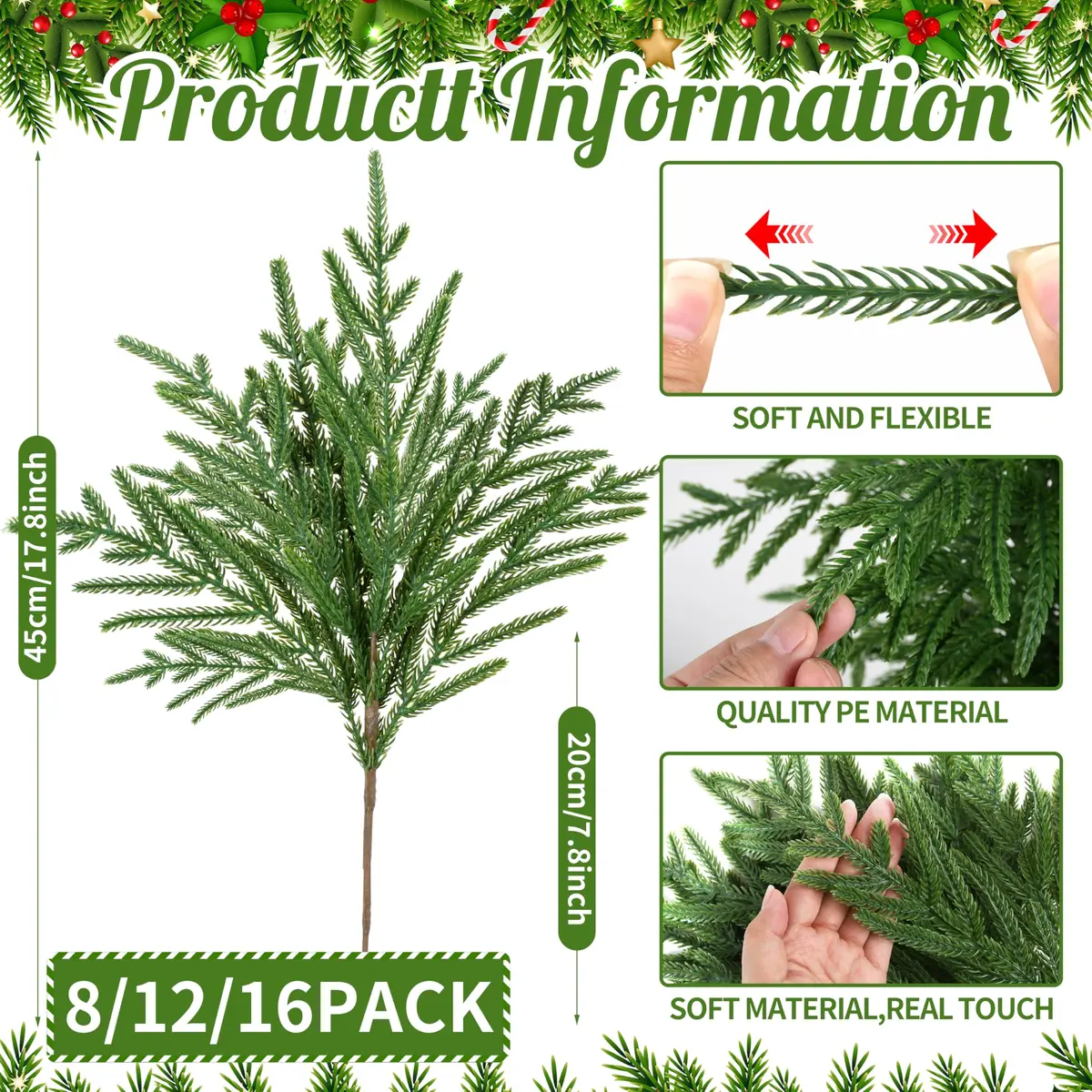 Palonu 12 PCS Artificial Norfolk Pine Branch 45cm (18 Inches) | Realistic Faux Greenery for Christmas Decor - view 2