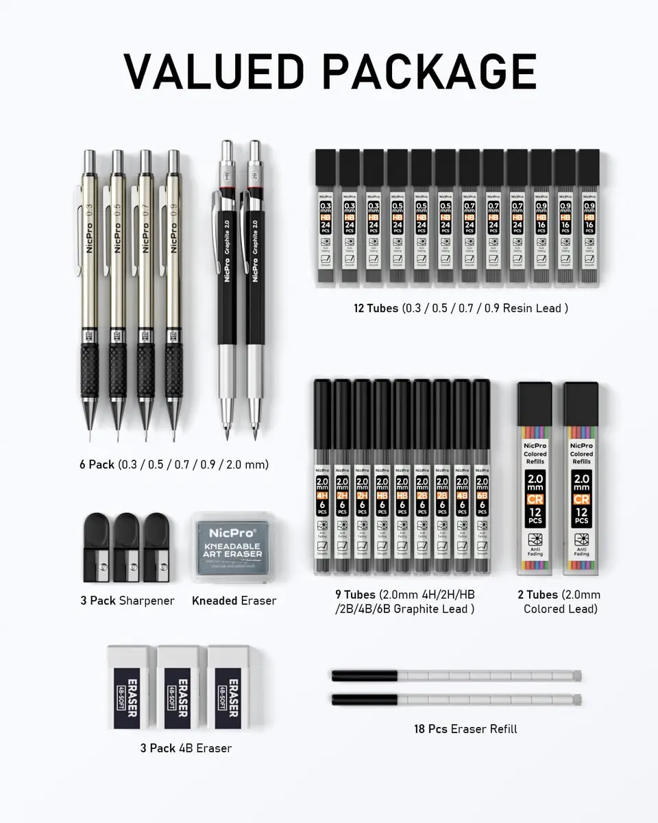 Nicpro 37PCS Art Mechanical Pencil Set, 6PCS Drafting Pencils & 21 Tubes Lead Refills | Smooth Writing & Drawing - view 5