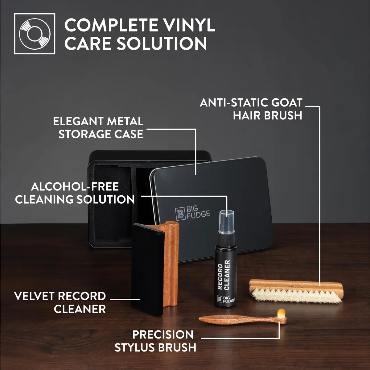 Big Fudge Vinyl Record Cleaning Kit - Collector's Edition - 100% Sapele Wood Vinyl Accessories - Velvet Vinyl Record Cleaner, Anti-Static Vinyl Brush, Stylus Brush and Vinyl Cleaner Solution w/Case - view 2