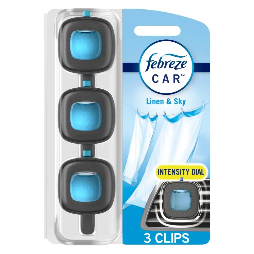 Febreze Car Air Freshener Vent Clip, Linen & Sky Scent, 3 Count (2.63 Fl Oz Total) | Long-Lasting Odor Control - main product image