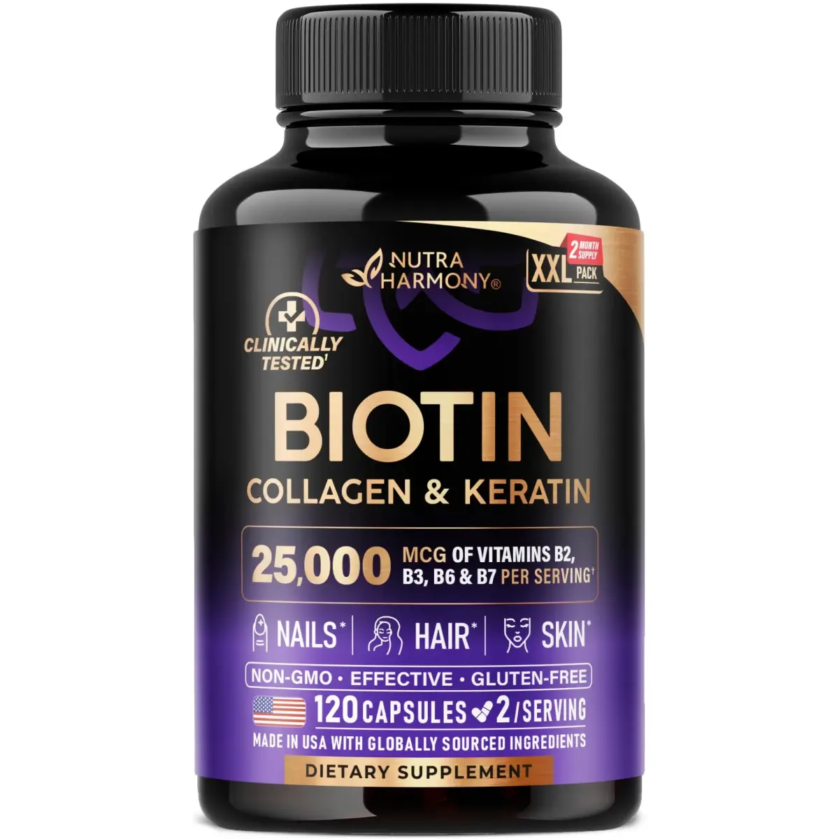 NUTRAHARMONY Biotin, Collagen, Hyaluronic Acid & Keratin Hair Growth Support 120 Capsules | 25,000 mcg Vitamins B1, B2, B3, B6 & B7 - main product image