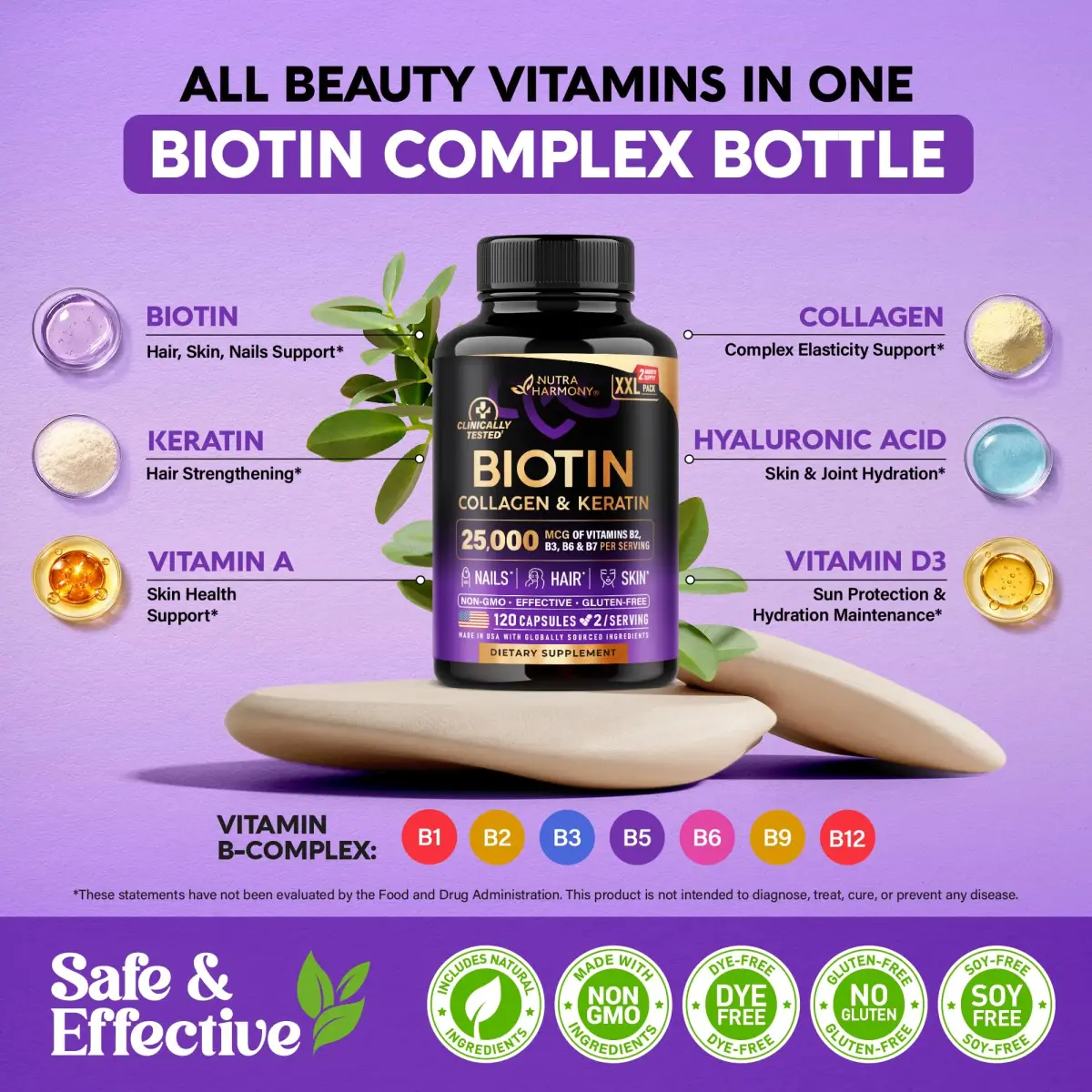 NUTRAHARMONY Biotin, Collagen, Hyaluronic Acid & Keratin Hair Growth Support 120 Capsules | 25,000 mcg Vitamins B1, B2, B3, B6 & B7 - view 3