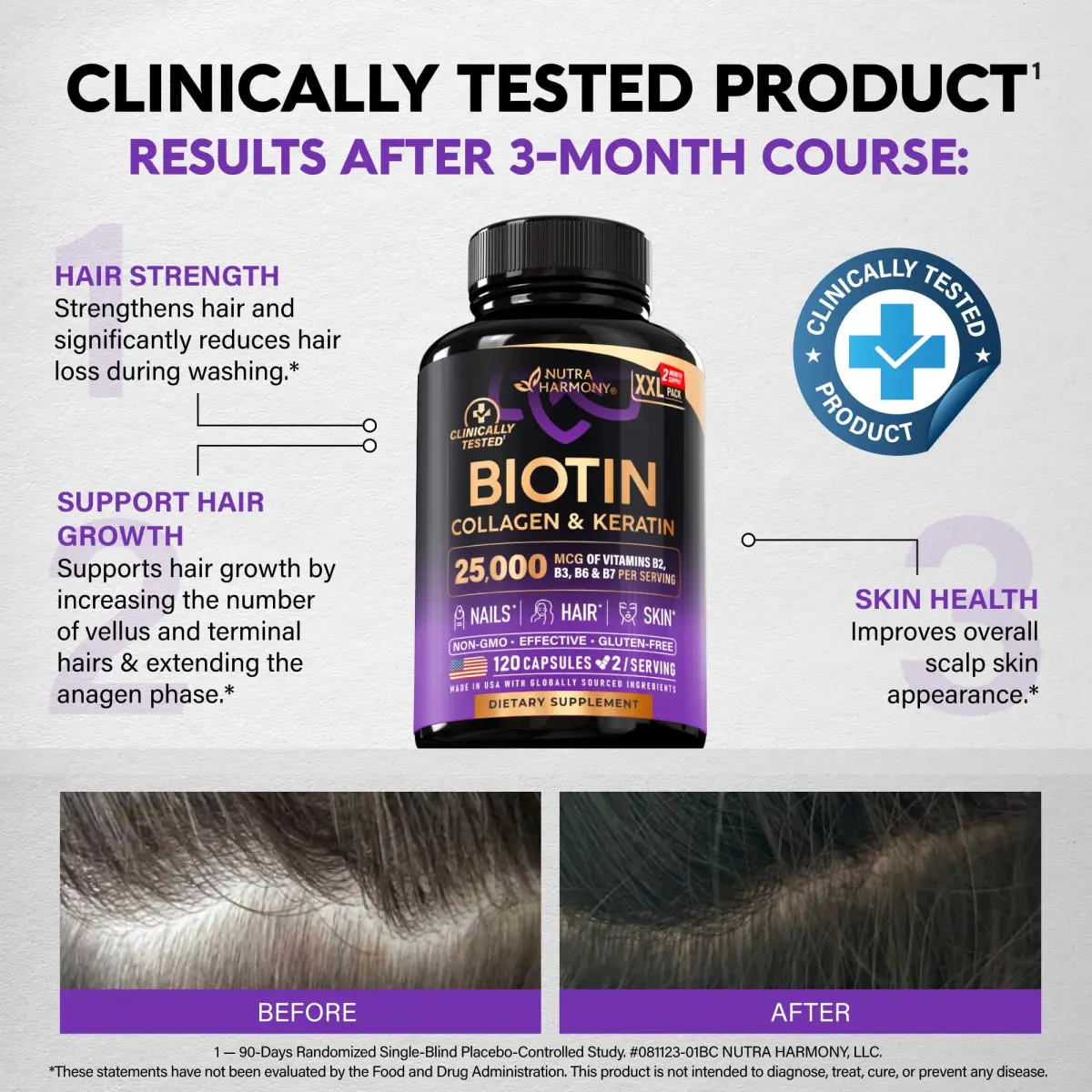 NUTRAHARMONY Biotin, Collagen, Hyaluronic Acid & Keratin Hair Growth Support 120 Capsules | 25,000 mcg Vitamins B1, B2, B3, B6 & B7 - view 4