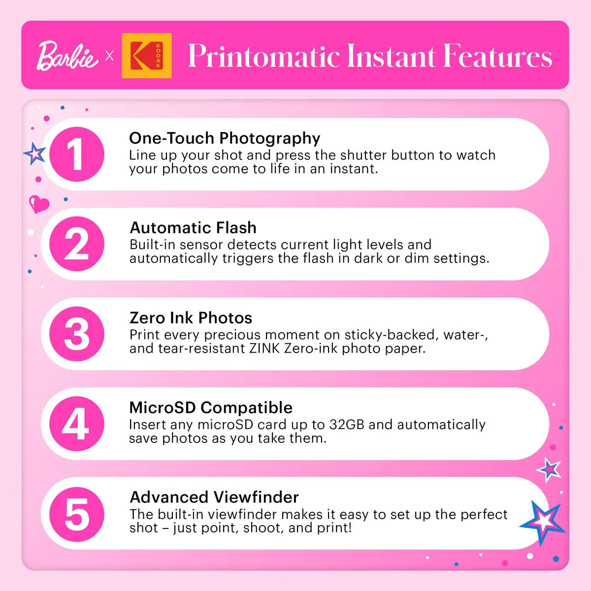 Kodak Printomatic Barbie Edition Instant Camera - 5MP Prints 2x3” Sticky-Back Photos | Auto-Focus, Built-in Flash, Color - view 6