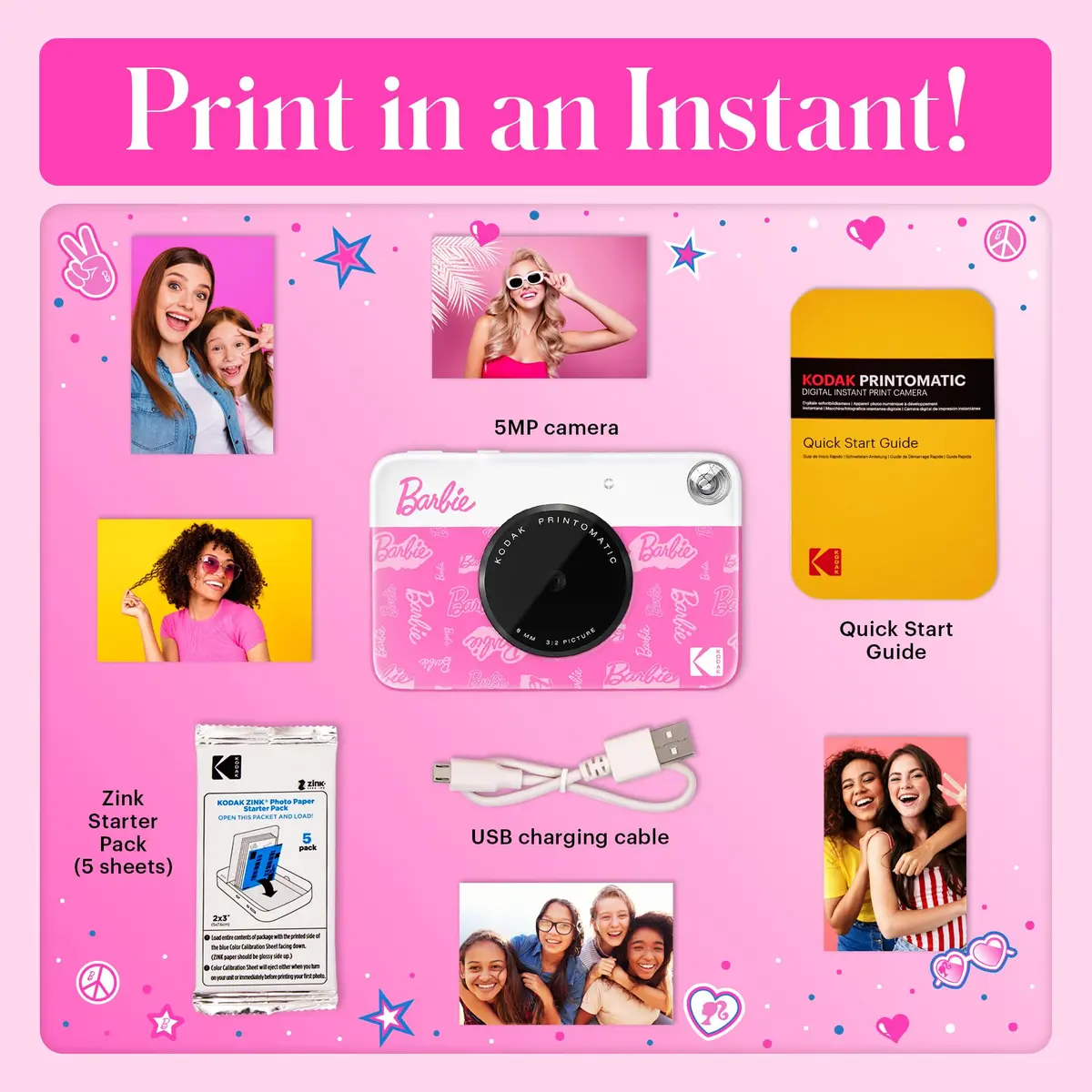 Kodak Printomatic Barbie Edition Instant Camera - 5MP Prints 2x3” Sticky-Back Photos | Auto-Focus, Built-in Flash, Color - view 3