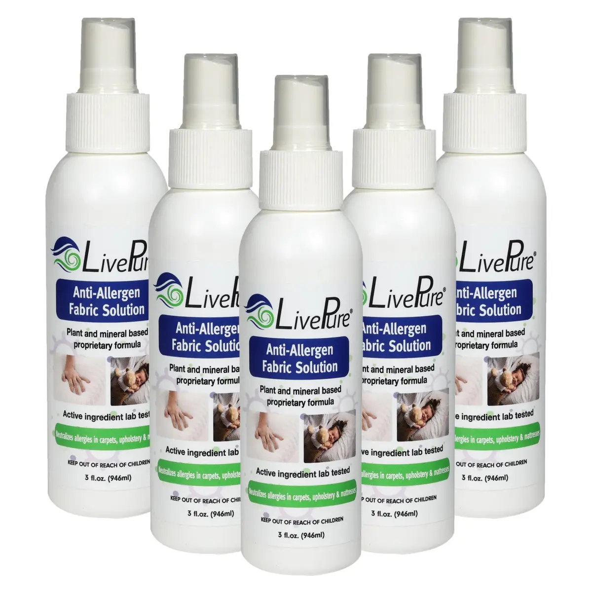 LivePure Anti-Allergen Fabric Spray 74ml (3 Fl Oz) 5-Pack | Plant-Based Allergy Relief for Dust Mites & Pet Dander - main product image