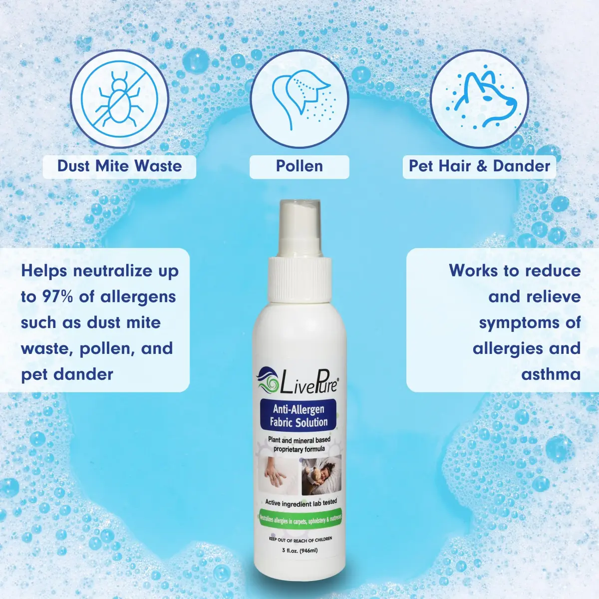 LivePure Anti-Allergen Fabric Spray 74ml (3 Fl Oz) 5-Pack | Plant-Based Allergy Relief for Dust Mites & Pet Dander - view 3