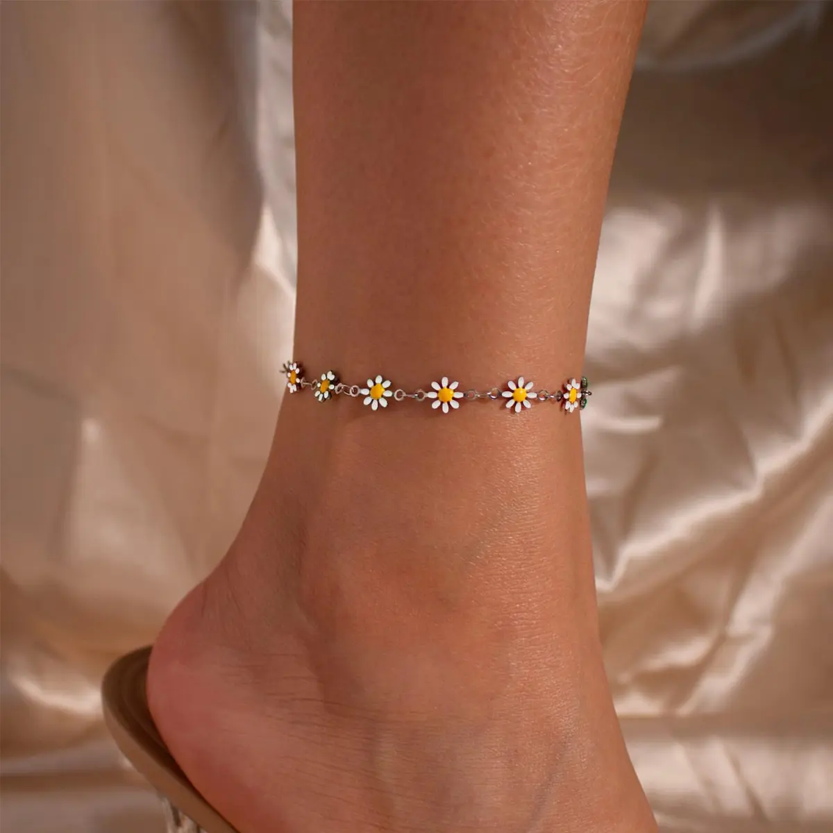 VAMA Silver Adjustable White Daisy Flower Anklet Chain for Women | Metal, Medium - view 2