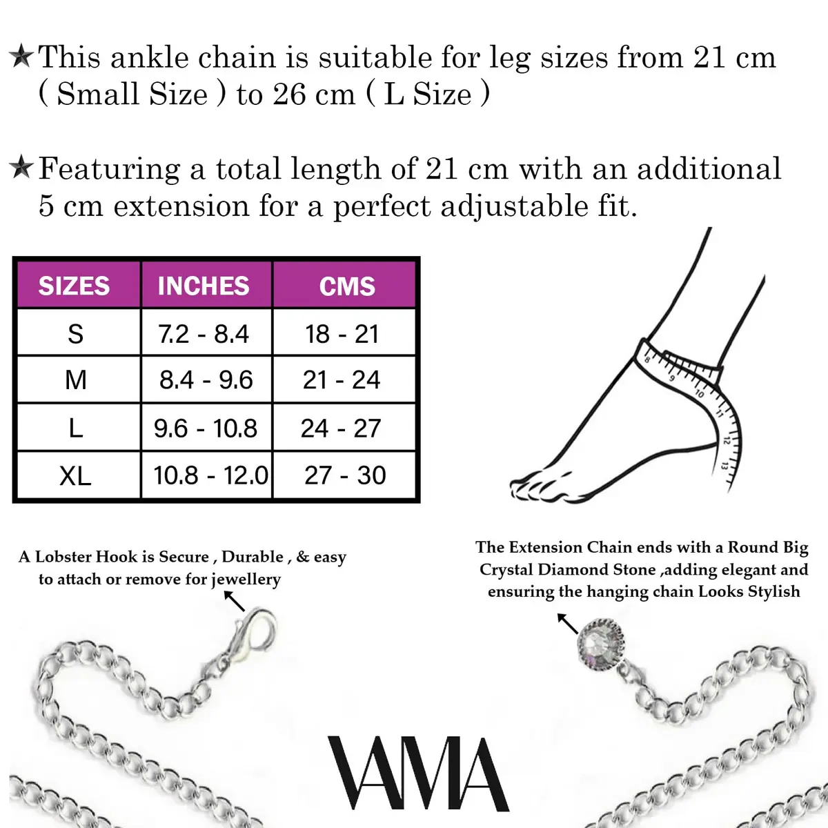 VAMA Silver Adjustable White Daisy Flower Anklet Chain for Women | Metal, Medium - view 3