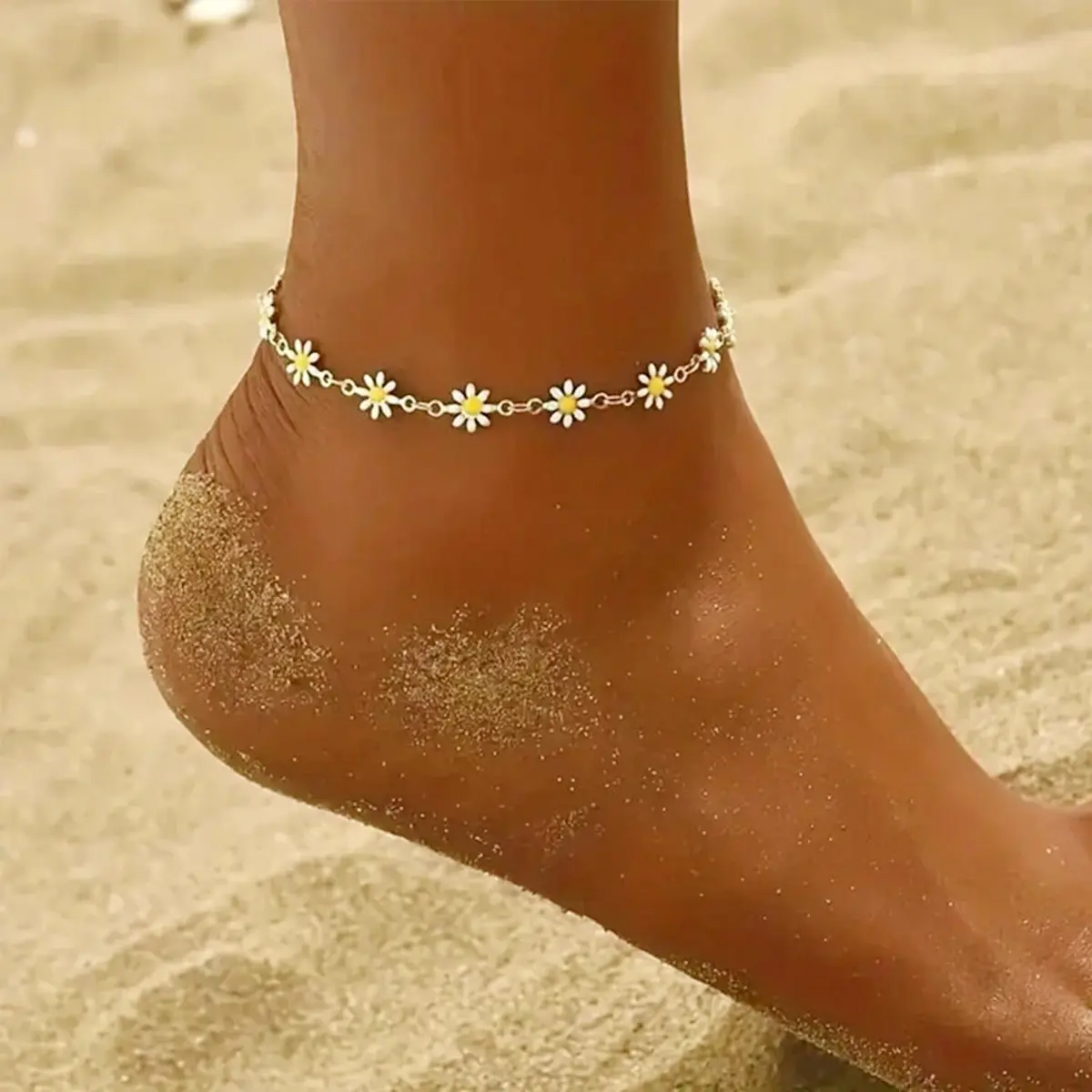 VAMA Silver Adjustable White Daisy Flower Anklet Chain for Women | Metal, Medium - view 4