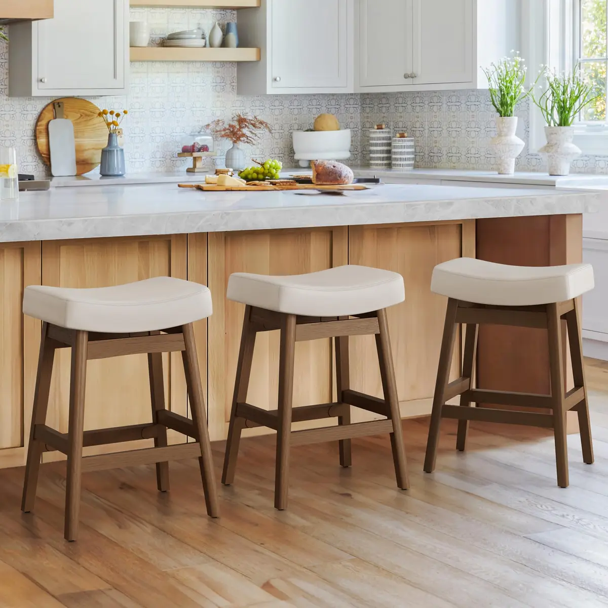 Cozyman Set of 3 Counter Height Farmhouse Barstools | Antique White Leather, 24 Inch | Sturdy Wood Legs - main product image