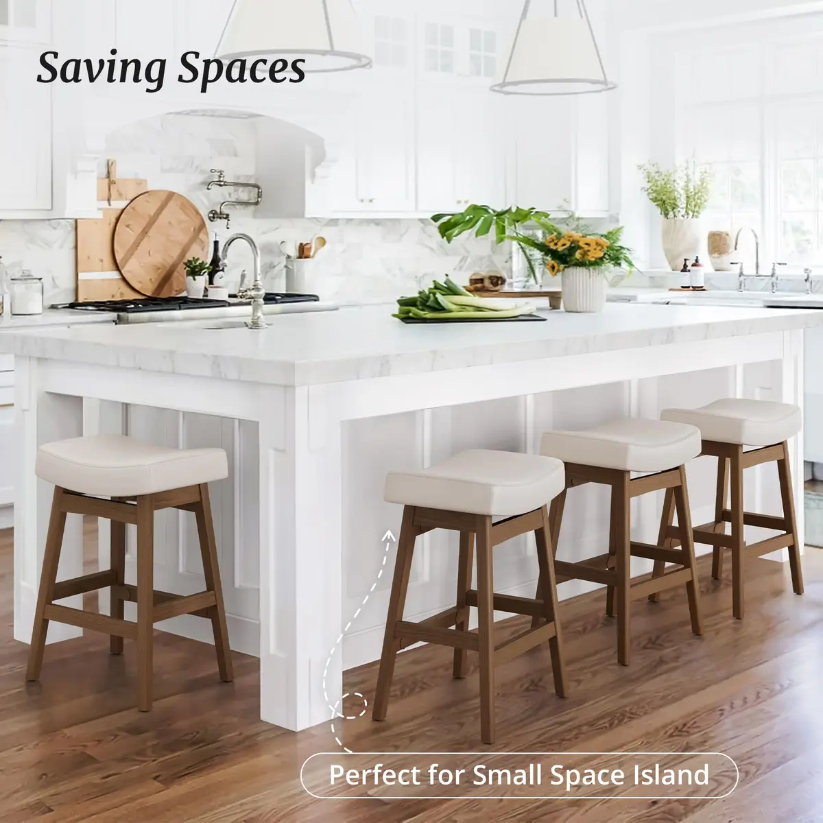 Cozyman Set of 3 Counter Height Farmhouse Barstools | Antique White Leather, 24 Inch | Sturdy Wood Legs - view 5