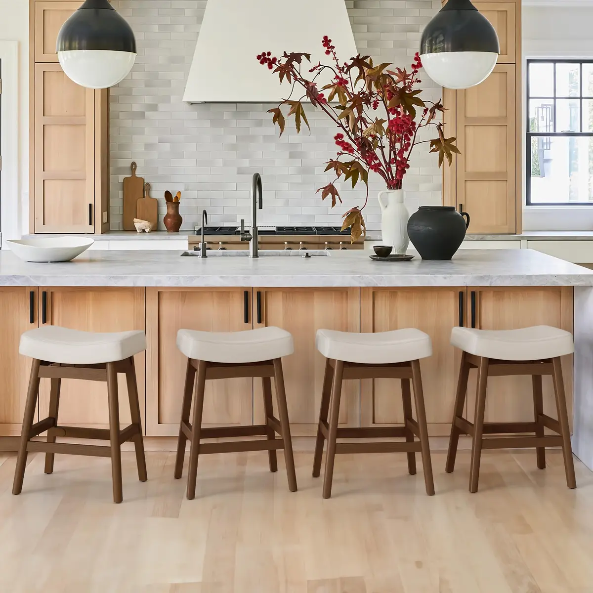 Cozyman Set of 3 Counter Height Farmhouse Barstools | Antique White Leather, 24 Inch | Sturdy Wood Legs - view 6